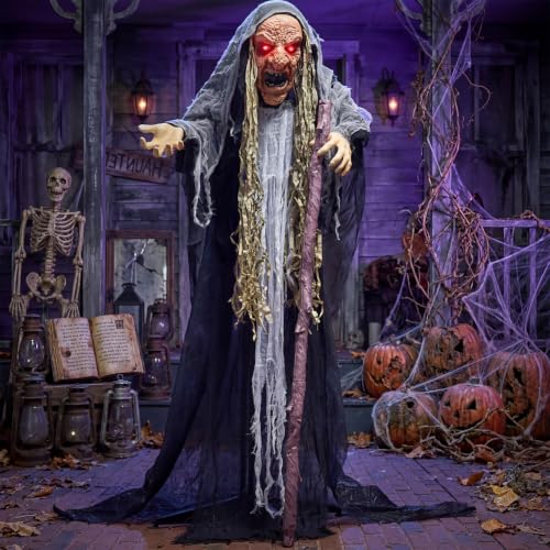 JOYIN Gray Hunchback Witch Halloween Animatronic Outdoor Decor with Light & Creepy Sound