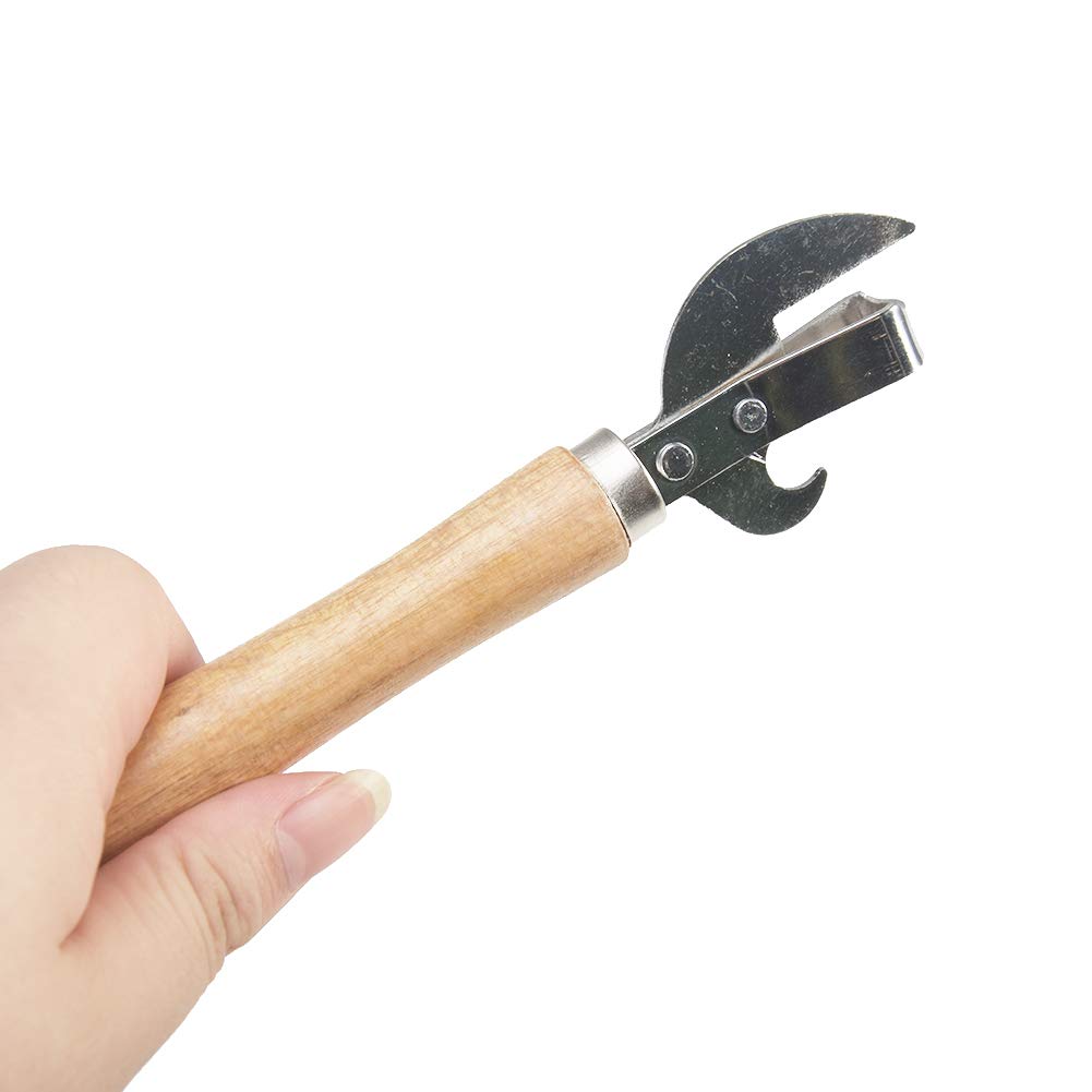 Manual Can Opener, Stainless Steel Bottle Opener Manual with Wooden Handle, Easy Open Multifunctional Side Cut Traditional Stab Can & Tin Opener for Kitchen Camping Traveling