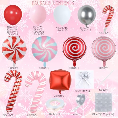 Pink Christmas Balloon Arch Kit 150pcs – Candy Cane & Lollipop Foil Balloons
