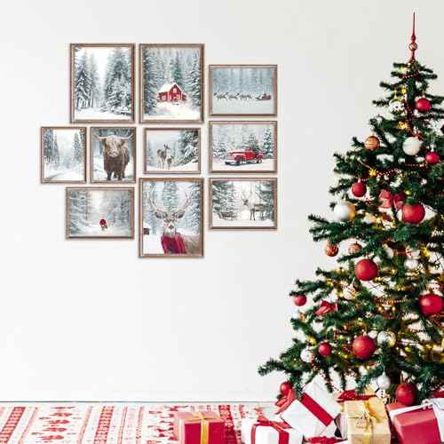 Whaline 10 Pcs Christmas Wall Art Wall Decor Prints Retro Winter Snowy Forest Scene Unframed Pictures Decorations for Xmas Holiday Home Living Room Bedroom Decor Gifts