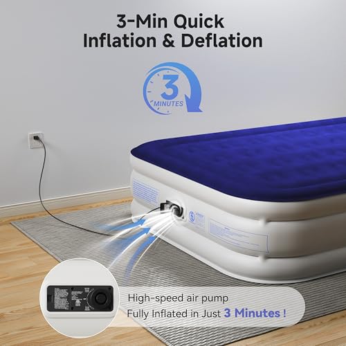 Blue Queen Air Mattress with Built-In Pump, Self-Inflating, Durable, Portable Camping Bed