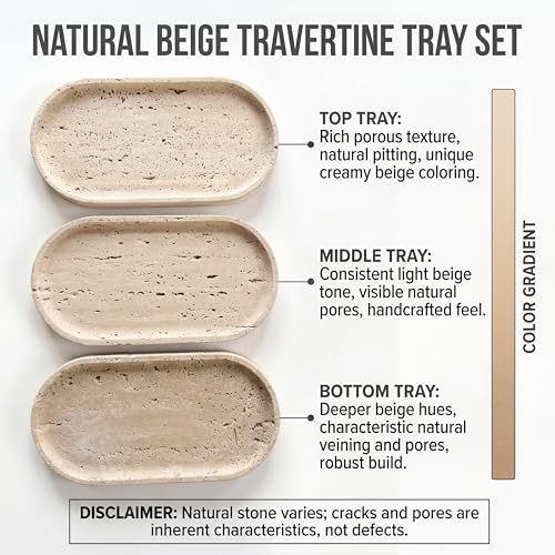Natural Travertine Beige Oval Marble Tray - 11.8 x 5.9 Vanity Organizer - Variation of Natural Travertine Beige / 11.8" x 5.9"