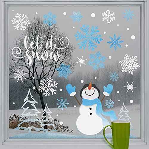Yovkky Snowflakes Snowman Window Clings 9 Sheets, Let it Snow Quote Stickers Decal Decor for Glass, 2026 New Year Christmas Home Kitchen Winter Holiday Decorations