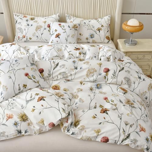 HMtideby White Twin Duvet Cover Set 100% Cotton Floral with Zipper