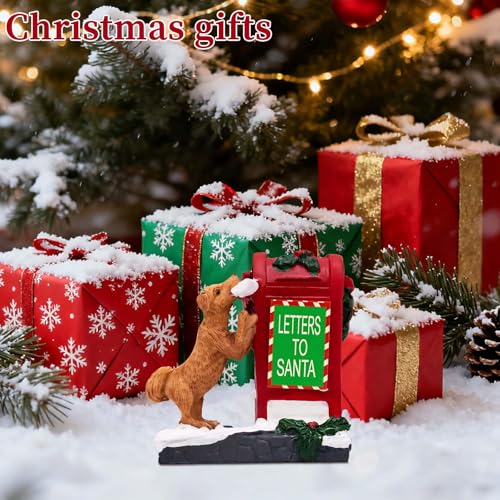 Decorative Christmas Village Accessories for Collection, Resin Mailbox Dog Animal Ornament, 2.4 Inch Christmas Village Figurines, Cute Doggy Statues Decor Indoor (Red)