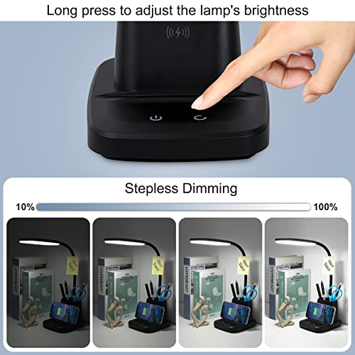Black LED Desk Lamp with 10W Wireless Charging & Pen Holder - Modern Office Light