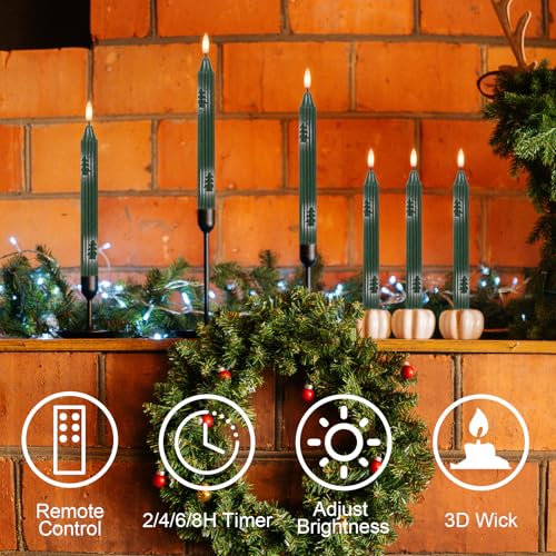 Wondise Green Christmas Flameless Taper Candles with Remote & Timer - Pack of 6