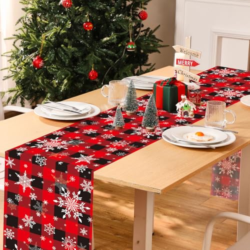 6 Pcs Christmas Winter Snowflake Table Runners, Buffalo Plaid