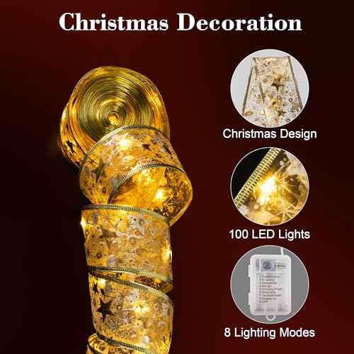 Christmas Tree Ribbon String Lights, 33FT 100 LED String Lights with Timer and 8 Lighting Modes for Christmas Tree Decoration, Fairy Lights Indoor String - Gold