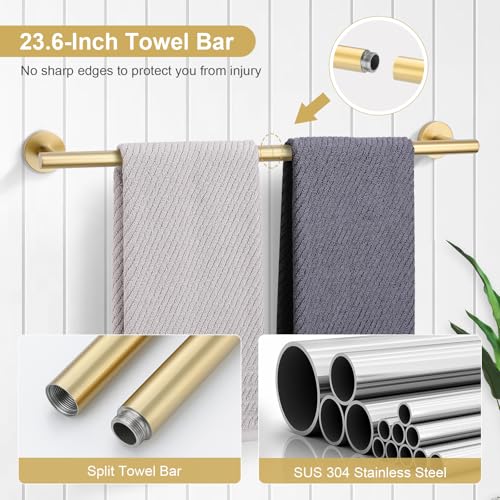 Brushed Gold Bathroom Hardware Set - 6-Piece Wall-Mounted Towel Rack & Accessories