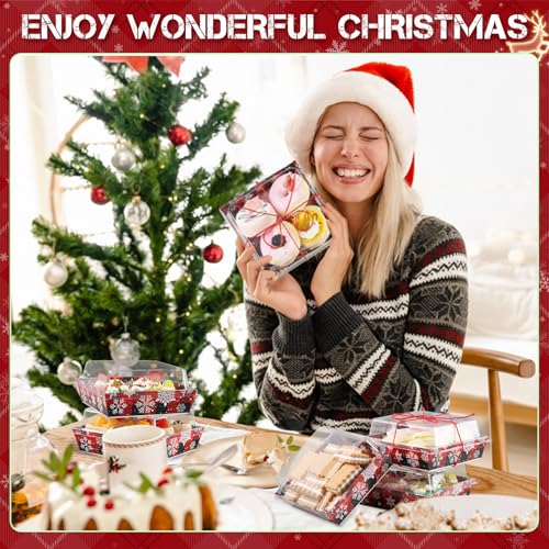 Potchen 100 Pack Christmas Bakery Boxes with Clear Lids - Red & Black Snowflakes