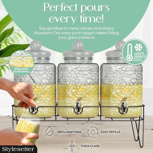 Glass Drink Dispenser Set - 3 x 1.5 Gallon Beverage Dispensers with Stand