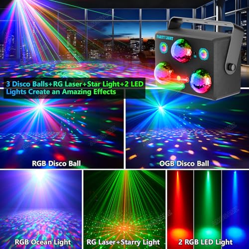 Large 6-in-1 Disco Party Lights with RGB, OGB, Laser & Star Effects - Sound Activated
