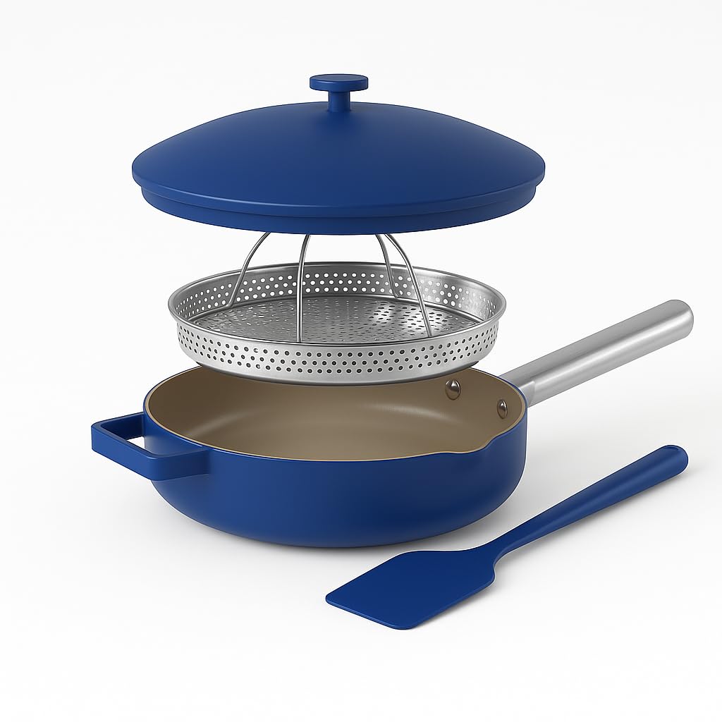 Nutricook 10.5” Ceramic Nonstick Pan with Lid, Steamer & Spatula | PTFE & PFOA Free | Oven Safe, Induction Compatible | 10-in-1 Multi-Function Cookware for Saute, Frying, Searing, Steaming & Baking
