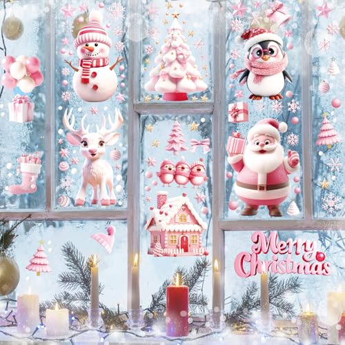 9 Sheets Christmas Window Clings, 3D Pink Santa Claus Snowman Penguin Deer Snowflake Christmas Tree Glass Door and Window Double-Sided Winter Holiday Decoration Sticker