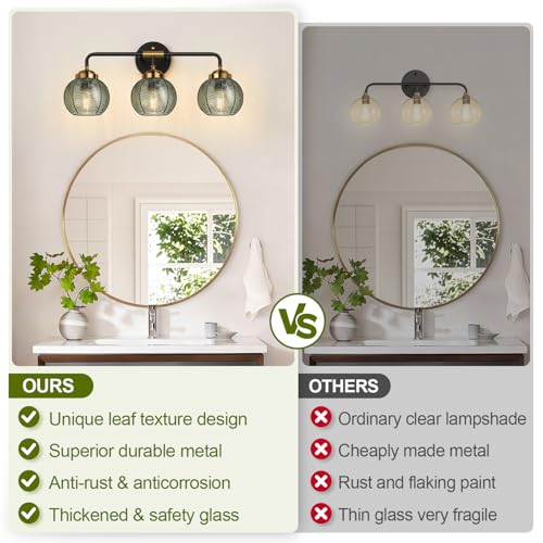 MOKATNG Green Leaf Textured Glass Bathroom Vanity Light - 3-Light Wall Fixture, Modern Matte Black & Gold Finish
