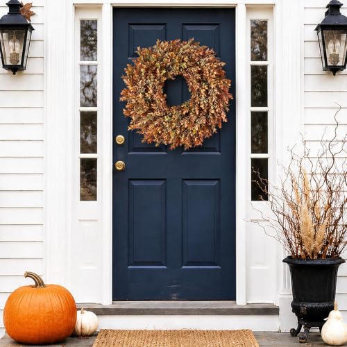 26 Inch Artificial Fall Azalea Leaves Wreath for Front Door Decor Orange Green