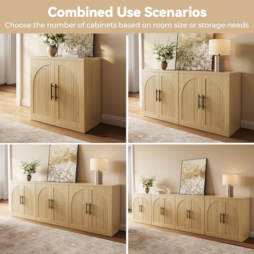 Oak Fluted Buffet Cabinet with Adjustable Shelves - 31.5" Modern Sideboard Credenza