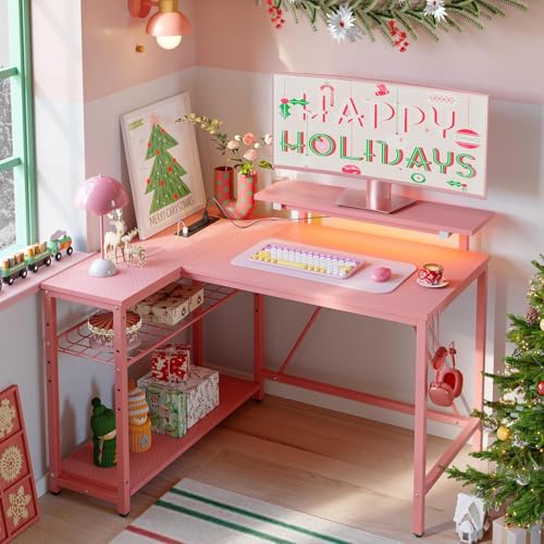 Pink Carbon Fiber Gaming Desk with LED Lights & Power Outlets - 42 Inch L-Shape