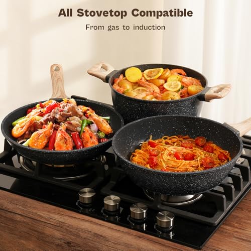 SODAY 13-Piece Non-Stick Pots and Pans Set Black Granite Induction Cookware - Variation: Black, 13 Pieces