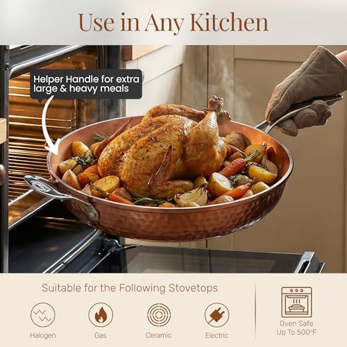 14 Inch Nonstick Frying Pan with Lid - Copper Hammered Ceramic Coating, Oven & Dishwasher Safe