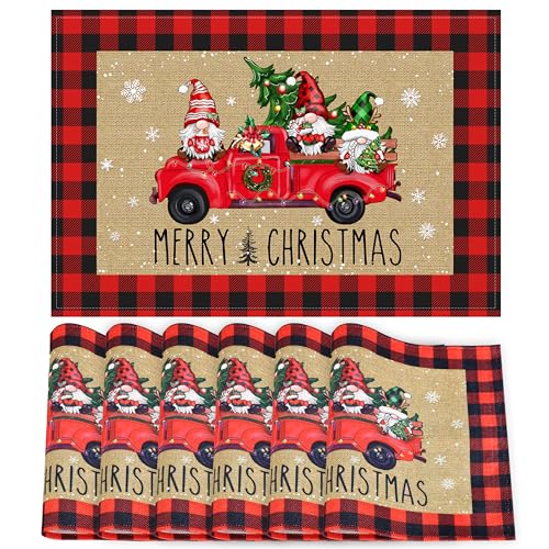 Christmas Truck Placemats Set of 6, Holiday Linen Table Mats for Dining, 12x18 inch