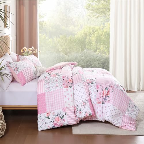 YIKUSH 3-Piece Pink Floral Queen Comforter Set 90x90 All-Season Bedding