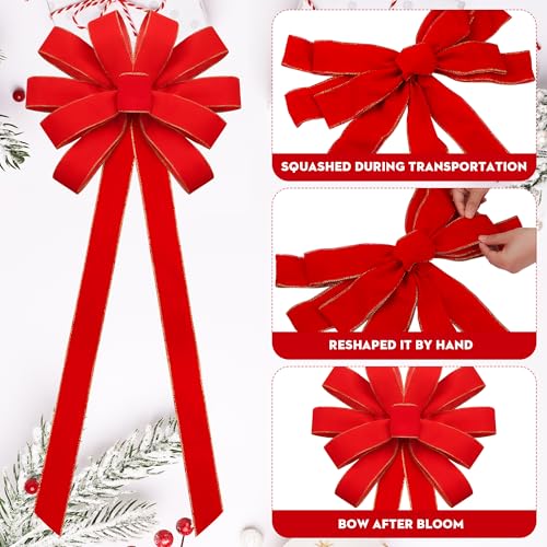 2 Pieces Extra Large Red Velvet Christmas Bows 70 x 19 Inches with Gold Glitter Edge - 6-Loop Decor