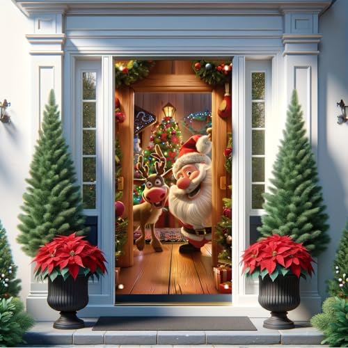 TOMHONG Christmas Door Cover Santa and Reindeer 71x35 Inch Front Door Decor for Holiday Party