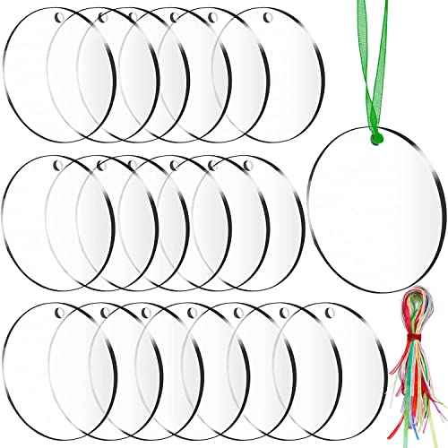 SANNIX 40PCS 3 Inch Acrylic Keychain Blanks with 50Pcs Colorful Ribbons, Clear Circle Disc Round Acrylic Ornament Blanks for DIY Xmas Holiday Christmas Tag and Crafting