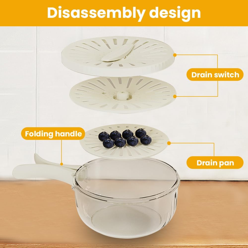 Skiennix Multifunctional Fruit Washing Bowl - 2025 Strainer Container with Lid & Handle (Brown)