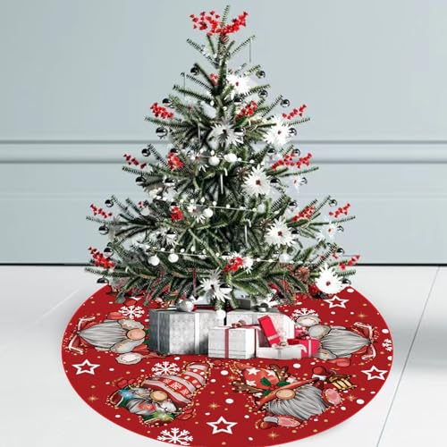 GAGEC Red Christmas Tree Skirt 18 Inch with Gnomes & Snowflakes - Indoor Outdoor Holiday Decor