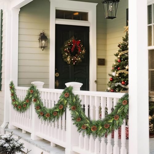 Waipfaru 2PCS 9FT Christmas Garland with Lights - Realistic Cedar & Pinecones Indoor Outdoor Decor