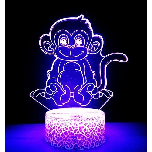 3D Monkey Night Light Lamp Illusion 7 Color Changing Touch Table Desk Decoration Lamps Acrylic Flat ABS Base USB Cable Birthday Gift Toys