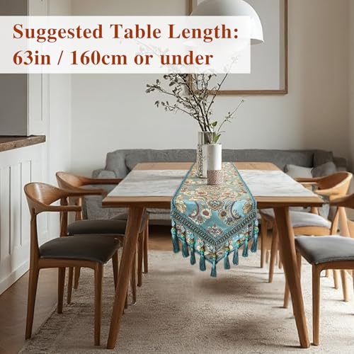 Kilofly Blue Floral Brocade Jacquard Table Runner 89x12 Inches with Tassels