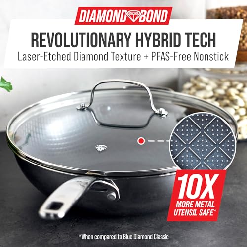 Blue Diamond Hybrid Nonstick Stainless Steel 12” Wok with Lid,