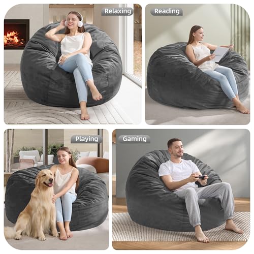 Hobestluk Extra Large Grey Velvet Bean Bag Chair - Soft Memory Foam Lounge