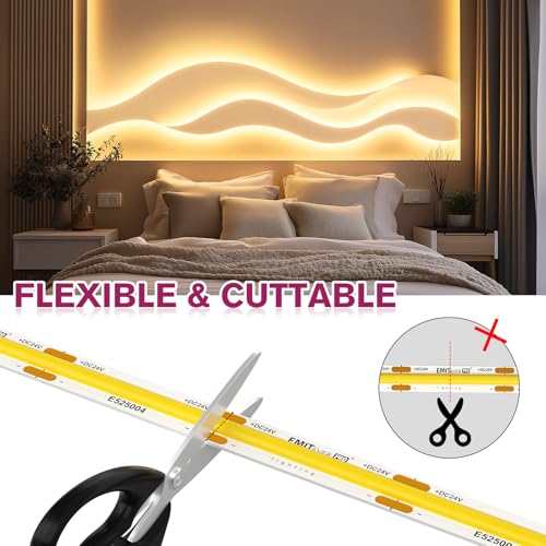 EMITEVER COB LED Strip Lights 3000K Warm White 24V 32.8ft/10m UL Listed - Seamless, Dimmable, High CRI