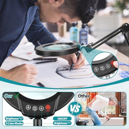 12X Magnifying Glass with Light & Stand - Black, 17.8-inch Clamp & Base, Dimmable LED
