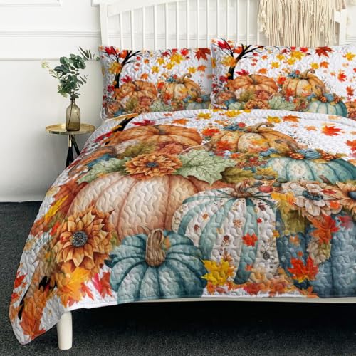 BlessLiving King Quilt with Colorful Pumpkins - Halloween Fall Blue Bedding - Variation: Pumpkin Flower