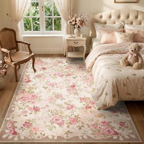 6x9 Feet Washable Nursery Rug - Pink Floral Farmhouse Area Rug with Non-Slip Backing