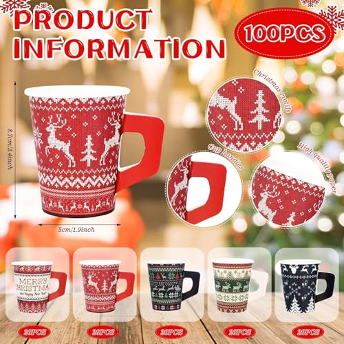 Retro Christmas Disposable Paper Cups with Handles, 100 Pack, Ugly Sweater Pattern, 9 Oz Holiday Drinkware - Variants 100