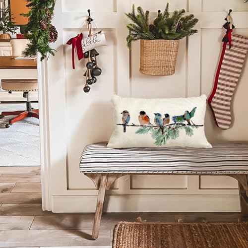 RABUSOFA Christmas Outdoor Pillow Covers Waterproof 12x20 Inch Birds Christmas Winter Decorations Lumbar Throw Pillow Cases Xmas Birds Decor Decorative Pillows for Couch Holiday Teal