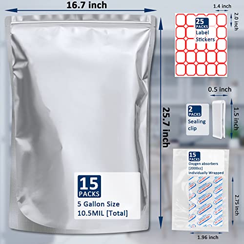 15 Pack 5 Gallon Mylar Food Storage Bags with Oxygen Absorbers - Heavy Duty, Reusable, Sealable