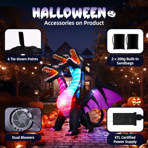 Thuodo 8 FT Tall Inflatable Dragon Halloween Yard Decoration with LEDs, Outdoor Garden Display