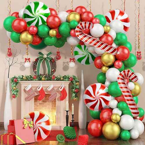 Christmas Decorations Balloons Arch Kit - 126 PCS Red Green White Gold Confetti Xmas Foil Balloons Candy Cane Balloon Garland Arch Kit for Xmas Christmas Decorations Holiday New Year Party Supplies