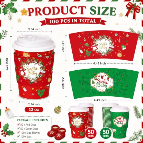 FoldTier 100 Count Santa Baby Coffee Cups with Lids & Sleeves - 12 oz (Red/Green) Baby Shower Set