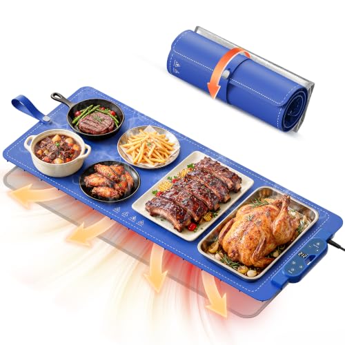Blue Warming Mat for Food 37x15 Inch, 7 Heat Levels, 8-Hour Timer - FJAU
