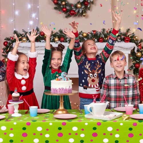Oudain 3 Pcs Pink & Green Polka Dot Tablecloths 54 x 108 in – Disposable Plastic Event Covers