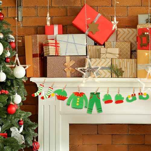 Christmas Elf Clothesline Banner - 23P Elf's Laundry Line Decor, Merry Christmas Bunting Garland Felt Gathering Hanging Accessories for Xmas Party Home Door Fireplace Office Indoor Outdoor